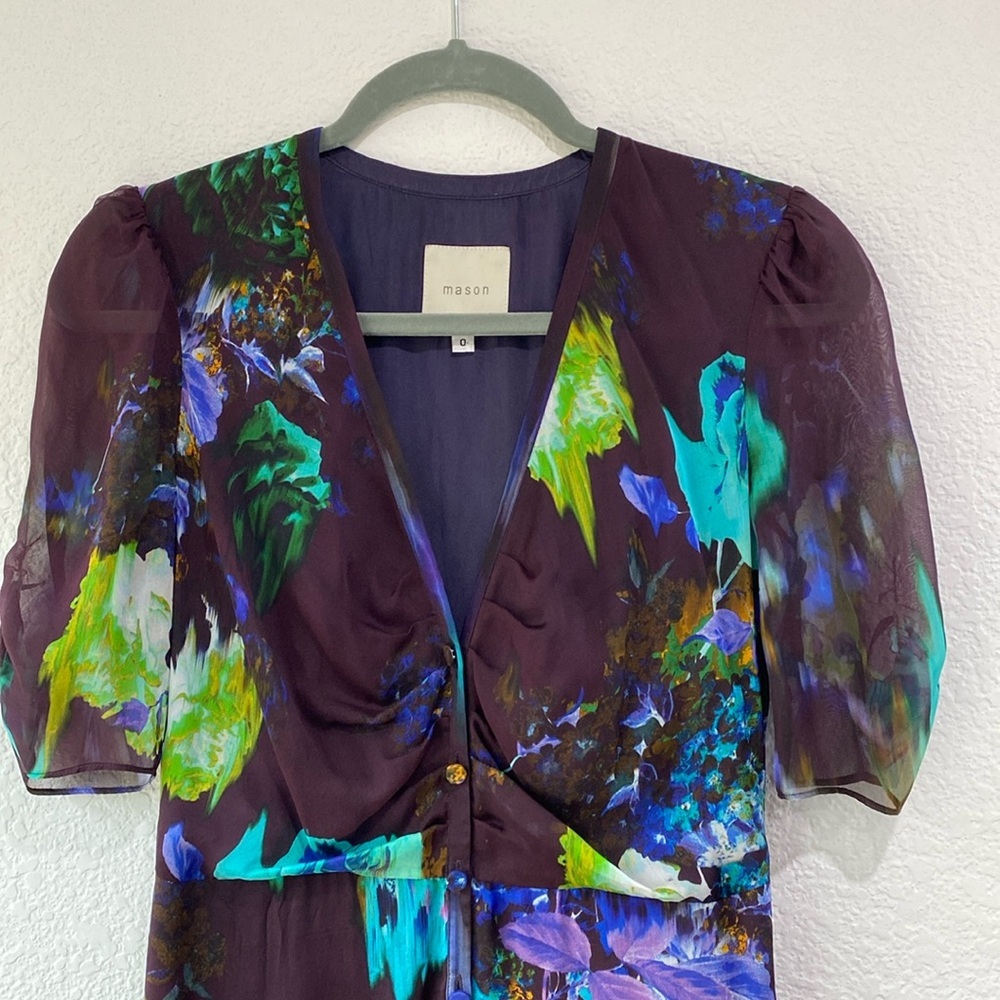 Mason Floral Silk Chiffon Purple Button Front Maxi Evening Dress Gown 0 - Picture 4 of 8